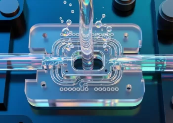 Close-up of a transparent tubing system with a central vertical conduit and metallic housing in a high-tech device, showing flowing liquid and bubbles.