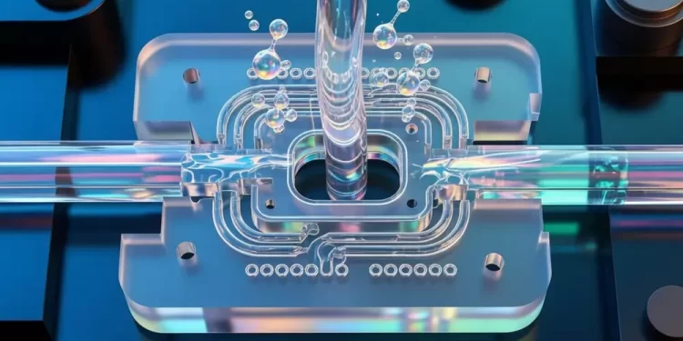 Close-up of a transparent tubing system with a central vertical conduit and metallic housing in a high-tech device, showing flowing liquid and bubbles.