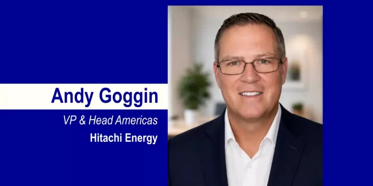Portrait of Andy Goggin, VP & Head Americas at Hitachi Energy, on a royal blue background with a white name strip.