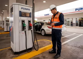 Gas station attendant in a safety vest and hard hat writing on a clipboard beside a fuel pump as a car refuels nearby.