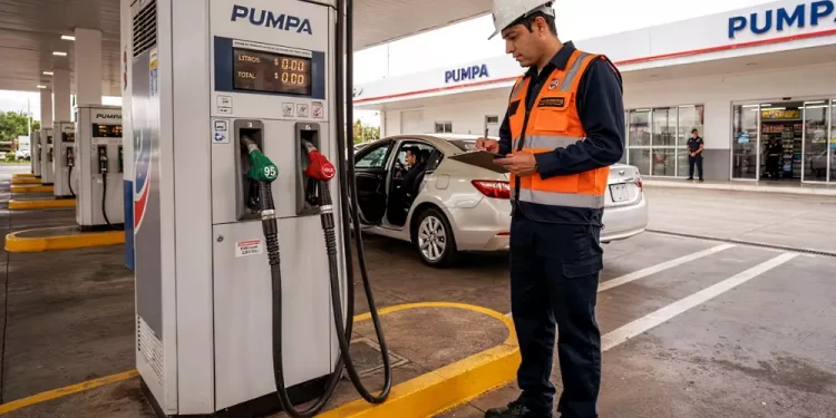 Gas station attendant in a safety vest and hard hat writing on a clipboard beside a fuel pump as a car refuels nearby.