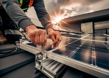 Technician tightening bolts on a solar panel installation on a roof at sunset