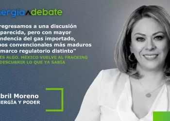 Banner featuring Energia Debate logo, a Spanish quote about gas regulation, and portrait of Abril Moreno.