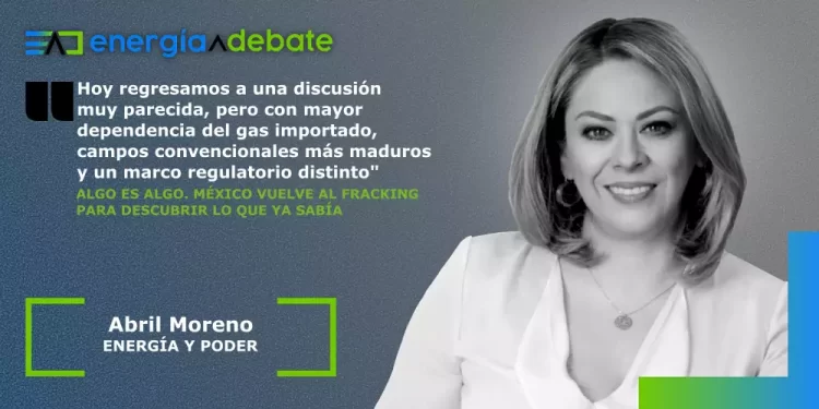 Banner featuring Energia Debate logo, a Spanish quote about gas regulation, and portrait of Abril Moreno.
