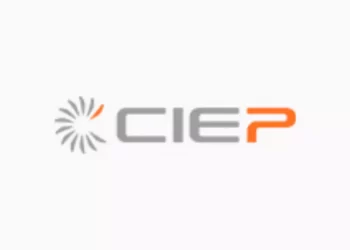 Logo for CIEP with a gray sunburst circle on the left and orange 'P' on the right on a white background, branding image.