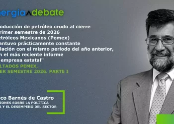 Energia Debate banner with a quote about Pemex 2026 first semester; portrait of Francisco Barnés de Castro in a suit.