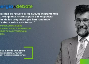 Energia Debate banner with a smiling man in a suit on the right and a Spanish quote about AI and energy policy on the left.