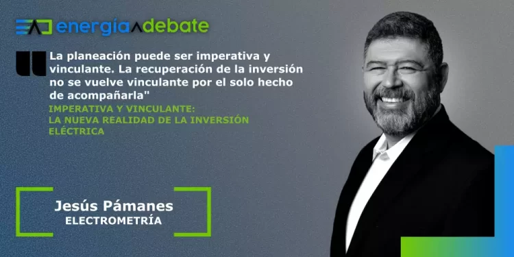 Energia Debate banner: smiling man in a suit on the right, blue‑green branding, and a Spanish quote about planning and investment; text shows 'Jesús Pármanes' and 'ELECTROMETRÍA' framed in green brackets.