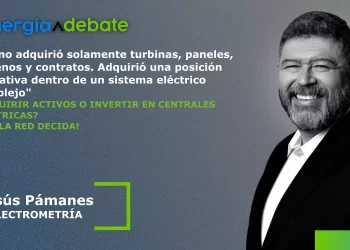 Energia Debate banner with a smiling man in a suit on the right, Spanish quote about acquiring assets or investing in electrical plants, and the name Jesús Pámanes Electrometría with blue/green branding on a gray gradient background.