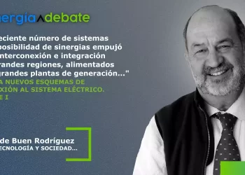Banner with the enerigía debate logo and a grayscale photo of Odón de Buen Rodríguez smiling on the right; Spanish quote about increasing number of systems and interconnection in large regions, and a green outlined caption reading 'Odón de Buen Rodríguez SOBRE TECNOLOGÍA Y SOCIEDAD...'