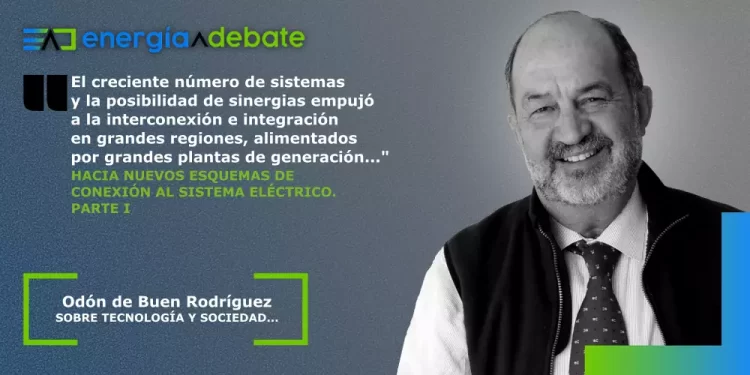 Banner with the enerigía debate logo and a grayscale photo of Odón de Buen Rodríguez smiling on the right; Spanish quote about increasing number of systems and interconnection in large regions, and a green outlined caption reading 'Odón de Buen Rodríguez SOBRE TECNOLOGÍA Y SOCIEDAD...'