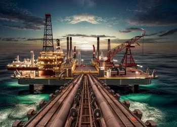 Offshore oil platform with cranes and extensive piping, illuminated at dusk over calm sea.