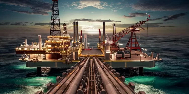 Offshore oil platform with cranes and extensive piping, illuminated at dusk over calm sea.