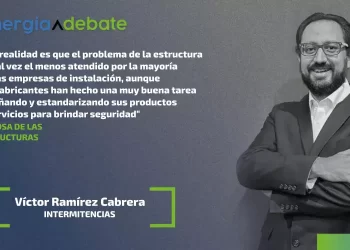 Energia Debate banner with a long Spanish quote about structure, and a photo of Víctor Ramírez Cabrera (Intermitencias) in a suit left to right with logos above.