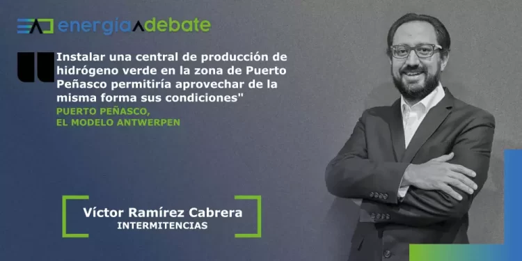Energia Debate slide: logo on left, Spanish quote about green hydrogen in Puerto Peñasco, speaker Víctor Ramírez Cabrera with 'INTERMITENCIAS' text.