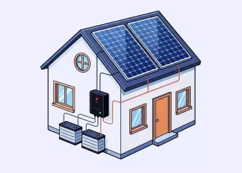 Isometric illustration of a house with rooftop solar panels connected to storage batteries and an inverter.