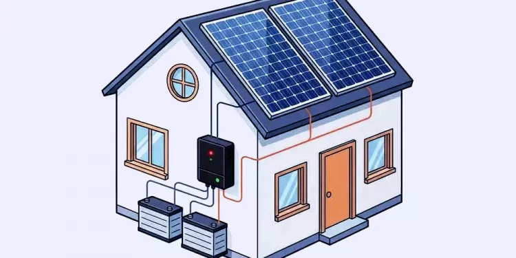 Isometric illustration of a house with rooftop solar panels connected to storage batteries and an inverter.
