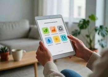 Persona sosteniendo una tableta que muestra un catálogo de sustentabilidad con iconos coloridos de medio ambiente en la pantalla