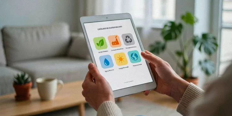 Persona sosteniendo una tableta que muestra un catálogo de sustentabilidad con iconos coloridos de medio ambiente en la pantalla