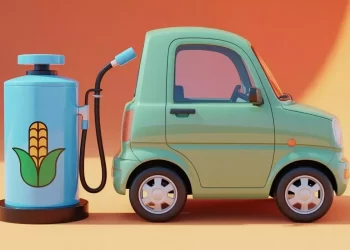 Small green toy car connected to a blue corn-themed fuel pump, implying biofuel.