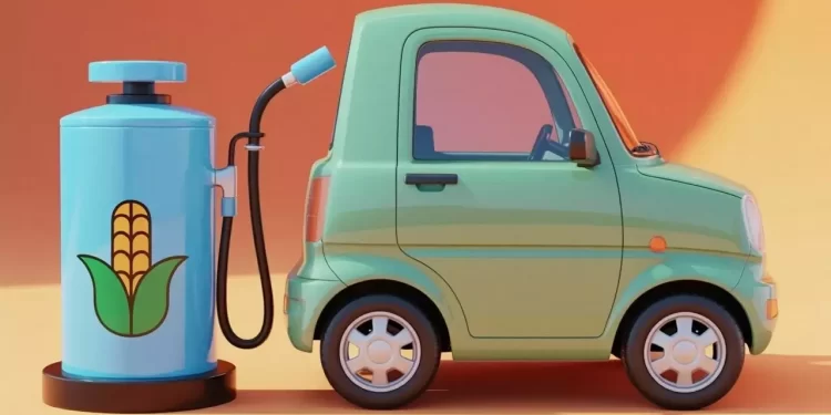 Small green toy car connected to a blue corn-themed fuel pump, implying biofuel.