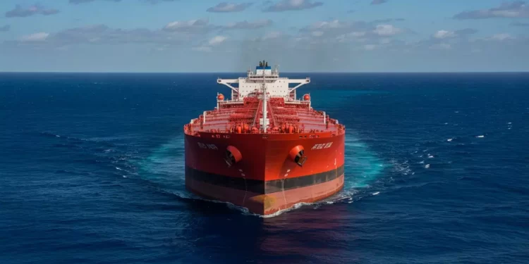 Red tanker ship sailing toward the viewer on a calm blue ocean with a partly cloudy sky.