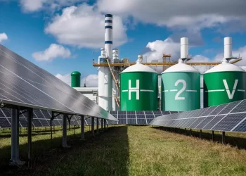 Solar panels in a field with three large green hydrogen storage tanks labeled H2V in the background under a blue sky with clouds.