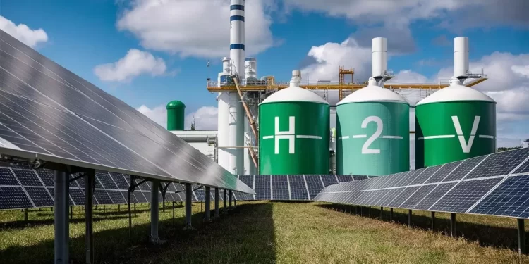 Solar panels in a field with three large green hydrogen storage tanks labeled H2V in the background under a blue sky with clouds.